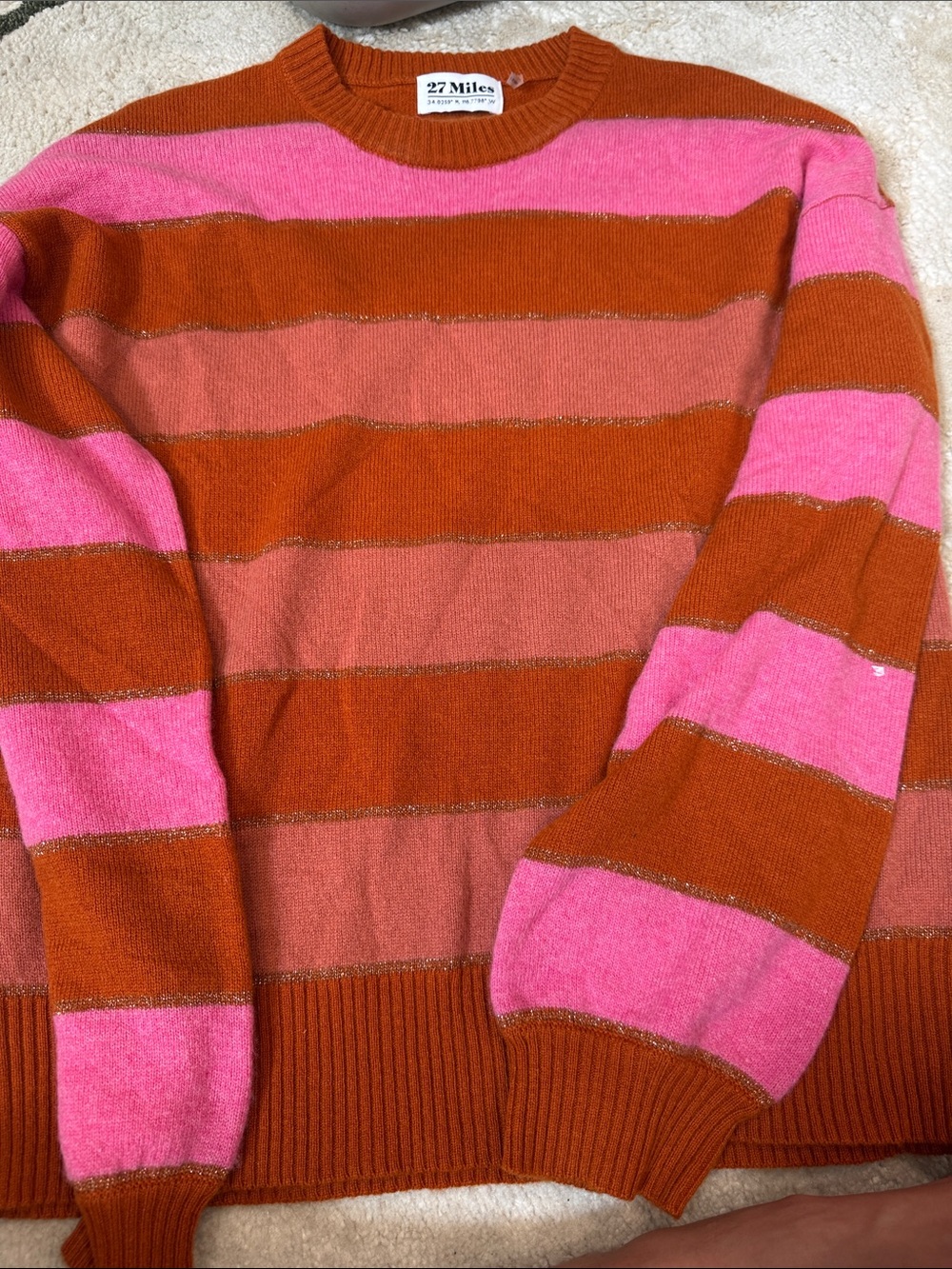 27 Miles Malibu Striped Crewneck Sweater in Rust, Pink & Coral